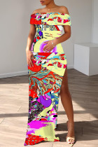 Yellow Casual Print Slit Off Shoulder Long Dresses