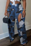 Orange Casual Camouflage Print Hollowed Out Patchwork Straight Mid Waist Conventional Full Print Trousers