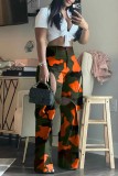Red Casual Camouflage Print Hollowed Out Patchwork Straight Mid Waist Conventional Full Print Trousers