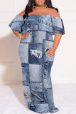 Multicolor Sexy Faux Denim Print Ruffle Contrast Off Shoulder Printed Plus Size Dresses