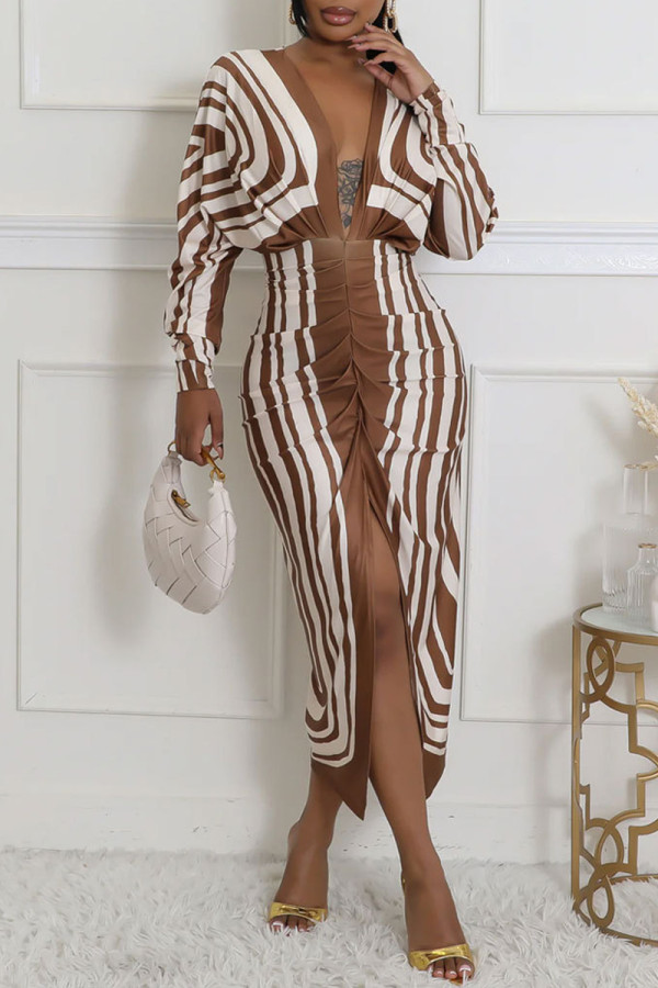 Coffee Casual Print Slit Ruched Deep V Neck Long Sleeve Dresses