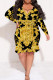 Black Gold Casual Print Patchwork With Belt V Neck Printed Plus Size Dresses