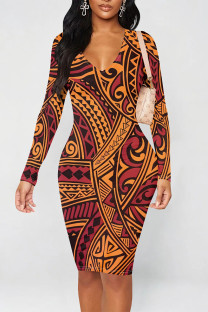 Red Yellow Casual Geometric Print Contrast V Neck Printed Dresses