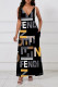 Black Yellow Sexy Letter Print Pocket Contrast V Neck Printed Dresses