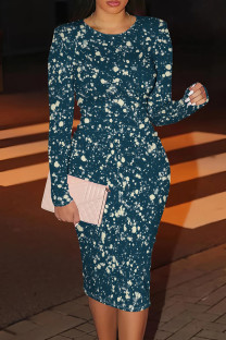 Dark Blue Casual Print Patchwork O Neck Wrapped Skirt Dresses