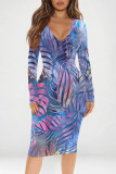 Grey Red Casual Geometric Print Contrast V Neck Printed Dresses