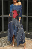 Colorful Blue Casual Street Faux Denim Print Pocket Irregular Contrast O Neck Irregular Dresses