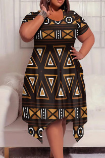 Brown Casual Print Patchwork O Neck Irregular Plus Size Dresses
