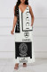 White Sexy Letter Print Stripe Pocket Contrast V Neck Printed Dresses