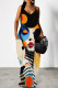 Black khaki Sexy Geometric Print Pocket Contrast V Neck Printed Dresses