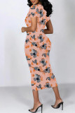 White Daily Elegant Geometric Print Flowers Gradient Contrast O Neck Printed Short Sleeve Dress