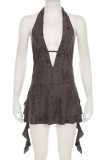 Grey Sexy Solid Color Hollow Out Patchwork Backless Strap Design Halter Irregular Dresses