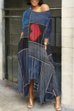 Colorful Blue Casual Street Faux Denim Print Pocket Irregular Contrast O Neck Irregular Dresses