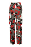 Orange Casual Camouflage Print Hollowed Out Patchwork Straight Mid Waist Conventional Full Print Trousers