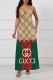 Khaki Sexy Letter Print Stripe Pocket Contrast V Neck Printed Dresses