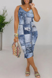 Multicolor Sexy Faux Denim Print Contrast V Neck Printed Dresses