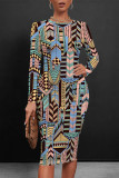 Stripe Casual Street National Totem Print Contrast O Neck Printed Dresses