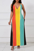 Red Yellow Casual Print Pocket Patchwork V Neck Long Dresses