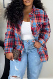 Red Daily Plaid Pocket Buckle Patchwork Shirt Collar Tops