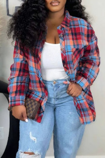 Red Daily Plaid Pocket Buckle Patchwork Shirt Collar Tops