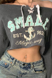 Dark Gray Sexy Print Patchwork Backless Cross Straps Off Shoulder Tops