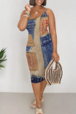 Multicolor Sexy Faux Denim Print Contrast V Neck Printed Dresses
