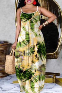 Grass Green Casual Print Backless Spaghetti Strap Long Dresses