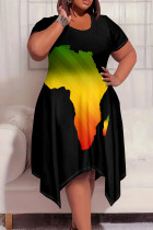 Black Casual Print Patchwork O Neck Irregular Plus Size Dresses