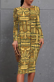 Stripe Casual Street National Totem Print Contrast O Neck Printed Dresses