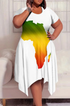 White Casual Print Patchwork O Neck Irregular Plus Size Dresses
