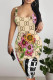 Beige Sexy Floral Print Letters U Neck Printed Dresses