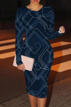 Tibetan Blue Casual Print Patchwork O Neck Wrapped Skirt Dresses