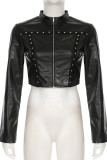 Black Street Solid Color Patchwork Zipper Zipper Collar Outerwear