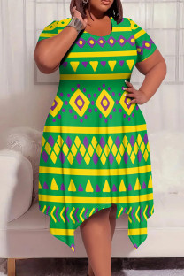 Green Yellow Casual Print Patchwork O Neck Irregular Plus Size Dresses