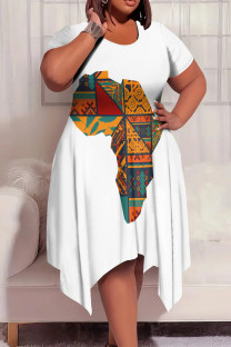 Multicolor Casual Print Patchwork O Neck Irregular Plus Size Dresses