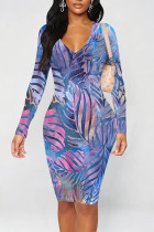 Blue Casual Geometric Print Contrast V Neck Printed Dresses