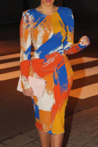 Orange Blue Casual Print Patchwork O Neck Wrapped Skirt Dresses