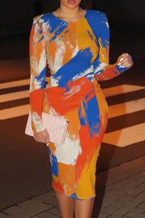 Orange Blue Casual Print Patchwork O Neck Wrapped Skirt Dresses
