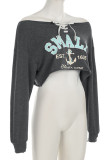 Dark Gray Sexy Print Patchwork Backless Cross Straps Off Shoulder Tops