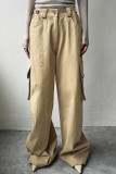 Khaki Casual Solid Color Pocket Buttons Patchwork Zipper Loose Low Waist Wide Leg Patchwork Bottoms