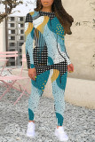 Dark Green Casual Street Geometric Print Contrast O Neck Long Sleeve Two Pieces