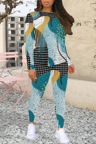 Lake Blue Casual Street Geometric Print Contrast O Neck Long Sleeve Two Pieces