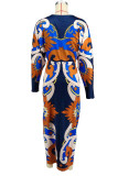 Blue Casual Print Slit Ruched Deep V Neck Long Sleeve Dresses