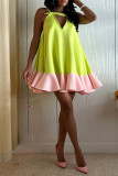 Green Casual Patchwork Hollow Out Contrast V Neck A Line Dresses