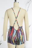Rust Red Sexy Print Backless Spaghetti Strap Skinny Romper