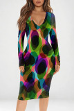 Grey Red Casual Geometric Print Contrast V Neck Printed Dresses