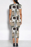 White Daily Elegant Geometric Print Flowers Gradient Contrast O Neck Printed Short Sleeve Dress