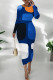 Dark Blue Daily Print Patchwork O Neck Wrapped Skirt Dresses