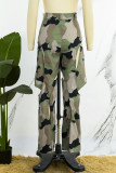 Orange Casual Camouflage Print Hollowed Out Patchwork Straight Mid Waist Conventional Full Print Trousers