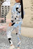 Dark Green Casual Street Geometric Print Contrast O Neck Long Sleeve Two Pieces